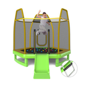 7 Feet Trampoline with Ladder and Slide for Indoor and Outdoor-Green - Color: Green