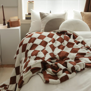 Color: Brown, Size: 120X150cm - Checkerboard Lamb Fleece Casual Sofa Blanket