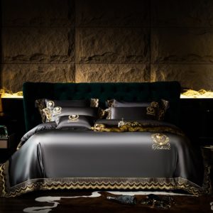 Pattern: Gray, Dimensions: 200x230cm - Silk Cotton Embroidery Four-piece Set 200 Long-staple Cotton Model Room Cotton Satin
