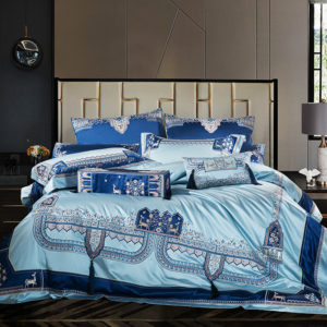 Color: Blue, style: Flat sheet-1.5M 4Pcs set, Bedding Size:  - Luxury Villa Palace Style Long-staple Cotton Bedding