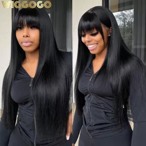 34in Straight Human Hair Wig with Bangs