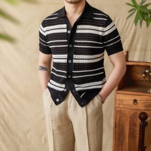 Men's Summer Stripes Lapel Cardigan POLO Short Sleeve