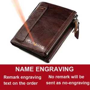 Color: Clear - Genuine Leather Short Men RFID Wallets Name Engraving Leather Card Holder Brand Men Purse Retro Coin Pocket Zipper Male Wallet