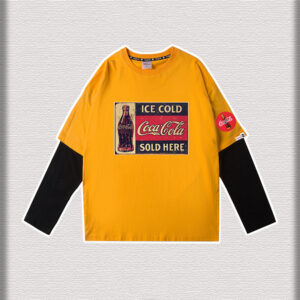 Color: 1yellow, Size: S - Tide Brand Fried Street Joint Sweater T-Shirt Long-Sleeved Fake Two Pieces Of Loose Kith Plus Velvet Casual Cocacola