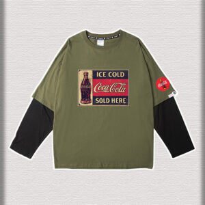 Color: 1green, Size: S - Tide Brand Fried Street Joint Sweater T-Shirt Long-Sleeved Fake Two Pieces Of Loose Kith Plus Velvet Casual Cocacola